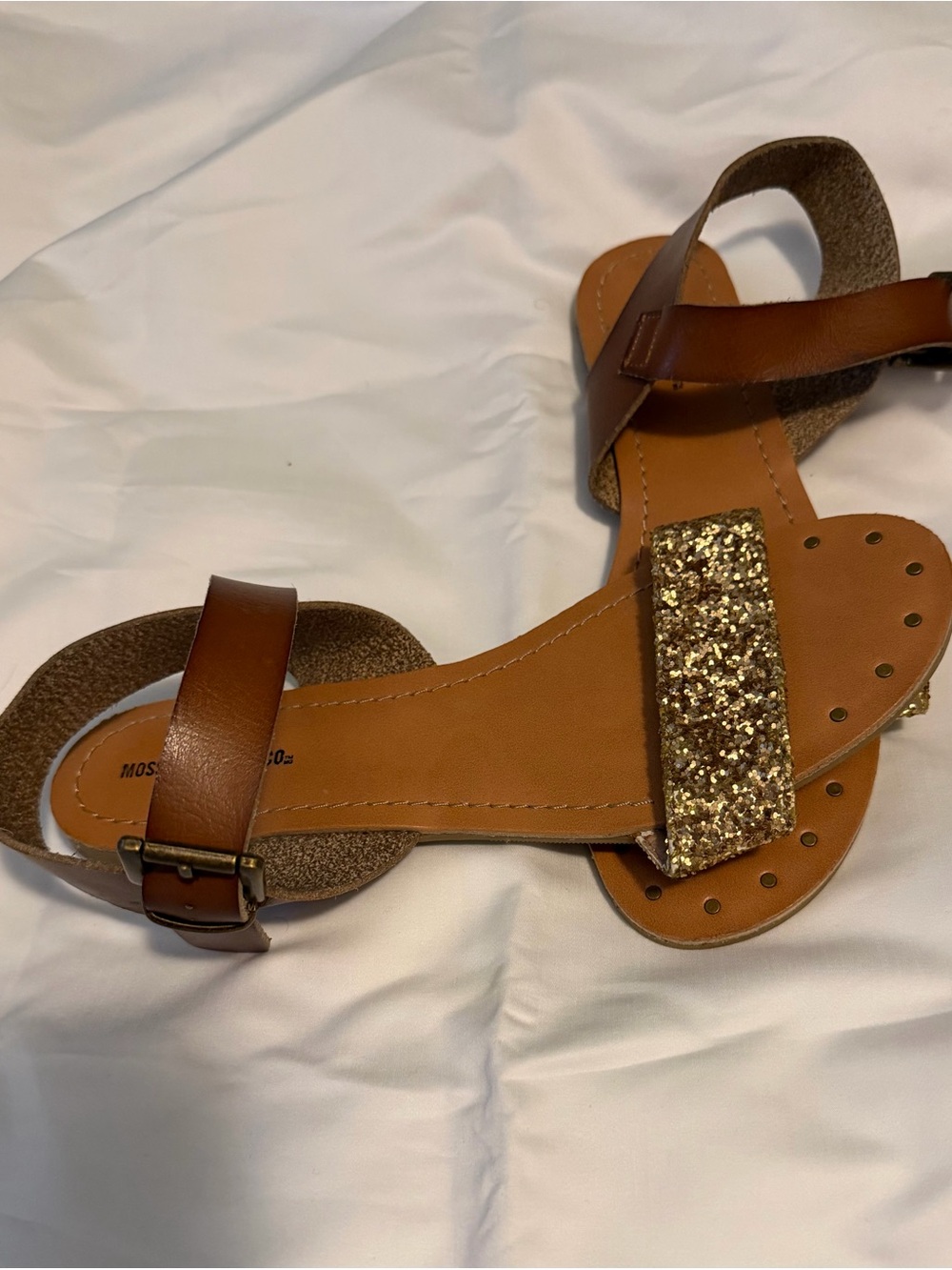 Brown Leather Sandals with Gold Glitter Strap